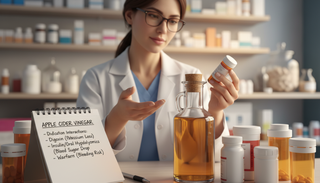 A clear and informative composition depicting apple cider vinegar in the context of medication interactions. In the foreground, a glass bottle of apple cider vinegar with a cork lid, surrounded by various prescription medication bottles and a notepad with handwritten notes on contraindications. In the middle ground, a healthcare professional, dressed in a white lab coat, examining the medication bottles, showcasing a relatable and cautious demeanor. The background features a softly blurred pharmacy setting, with shelves lined with medicine, and warm, inviting lighting to create an atmosphere of safety and professionalism. The overall mood is educational and reassuring, focusing on responsible health practices.