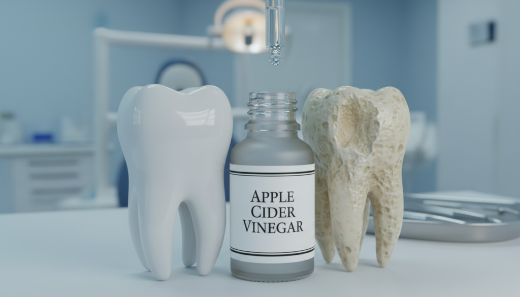 A close-up view of a healthy tooth juxtaposed with a damaged tooth, highlighting the effects of apple cider vinegar on tooth enamel. In the foreground, the healthy tooth glistens with a smooth, polished surface, while in contrast, the damaged tooth shows signs of erosion, with a dull and worn enamel texture. The background features soft, diffused lighting to evoke a clinical atmosphere, with a blurred dentist's office setting in shades of light blue and white, suggesting a clean and sterile environment. Capture the image from a slightly elevated angle to give a clear perspective of both teeth. The mood should convey caution and awareness, emphasizing the importance of dental health when using acidic substances like apple cider vinegar.