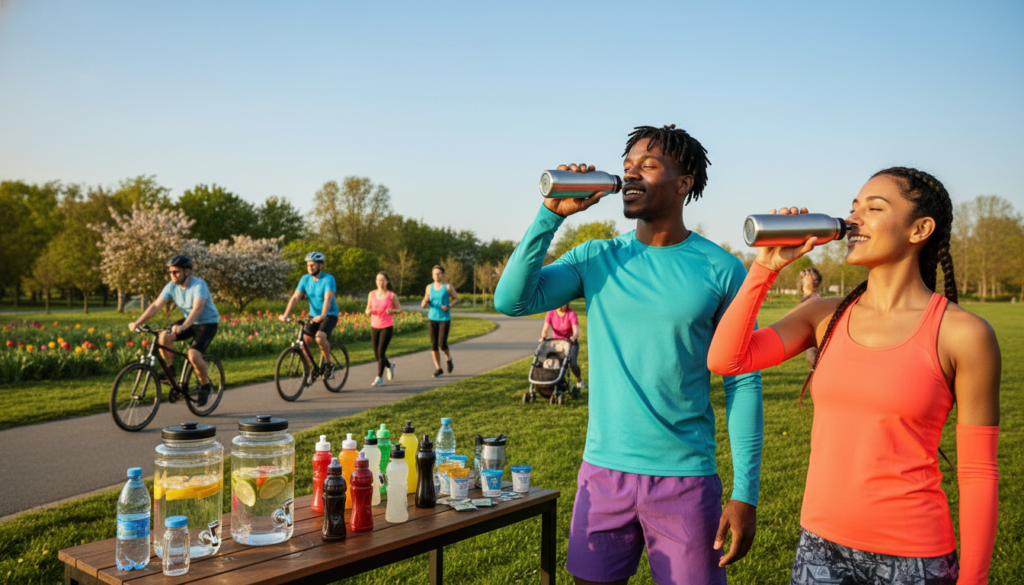 A dynamic and informative scene depicting a diverse group of athletes engaging in various forms of exercise outdoors, such as jogging, cycling, and weightlifting. In the foreground, a male and female athlete in modest, colorful activewear are shown hydrating from reusable water bottles, demonstrating proper fluid intake techniques. The middle ground features a hydration station with sports drinks, water, and electrolyte packets. The background is a bright and sunny park setting with green trees and a clear blue sky, enhancing the atmosphere of vitality and health. Soft, natural lighting bathes the scene, creating an uplifting mood. The camera angle captures the action at eye level, emphasizing energy and engagement in the workout while maintaining a focus on hydration.