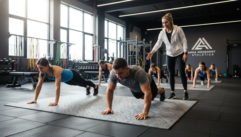 A dynamic scene showcasing advanced locomotion training in a modern athletic facility, capturing a diverse group of adult participants engaged in various crawling techniques. In the foreground, a focused individual in modest activewear performs a bear crawl, muscles emphasized by soft, natural lighting. To the left, another participant executes a crab walk, demonstrating strength and coordination. The middle ground features a trainer observing and providing guidance, dressed in professional athletic attire. The background reveals a spacious gym environment with exercise mats, resistance bands, and strength training equipment, all bathed in bright, focused lighting that highlights the action. The atmosphere is energetic and motivating, encouraging a sense of community and determination in physical conditioning.