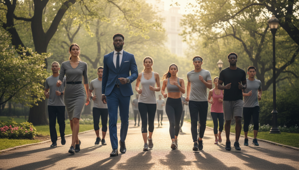 A fit, diverse group of individuals walking energetically in a lush, sunlit park, embodying the concept of metabolic flexibility and fat burning. In the foreground, two people in professional attire engage in a brisk walk, showcasing determination and health. The middle ground features more walkers of varying ages and ethnicities, some engaging in dynamic stretches, highlighting their commitment to belly fat loss. In the background, trees gently sway in a light breeze, with soft sunlight filtering through, creating a warm and inviting atmosphere. The scene is captured with a wide-angle lens, emphasizing movement and vitality. The overall mood is inspiring and uplifting, representing the journey toward fitness and well-being. A fit, diverse group of individuals walking energetically in a lush, sunlit park, embodying the concept of metabolic flexibility and fat burning. In the foreground, two people in professional attire engage in a brisk walk, showcasing determination and health. The middle ground features more walkers of varying ages and ethnicities, some engaging in dynamic stretches, highlighting their commitment to belly fat loss. In the background, trees gently sway in a light breeze, with soft sunlight filtering through, creating a warm and inviting atmosphere. The scene is captured with a wide-angle lens, emphasizing movement and vitality. The overall mood is inspiring and uplifting, representing the journey toward fitness and well-being.
