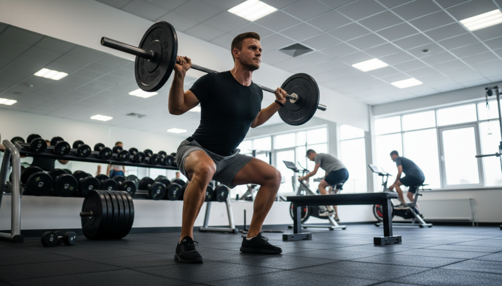 A focused athlete is performing a back squat in a well-lit gym. In the foreground, the athlete, dressed in a fitted athletic shirt and shorts, is captured mid-squat, demonstrating perfect form with a barbell on their shoulders. The middle ground features gym equipment such as weights and benches, while other gym-goers can be seen in the background, engaged in their workouts. The lighting is bright but soft, creating an energetic yet focused atmosphere. The shot is taken from a low angle, emphasizing the squat depth and the athlete's muscular engagement. The overall mood conveys determination and discipline, ideal for illustrating the intricacies of perfecting back squat form. A focused athlete is performing a back squat in a well-lit gym. In the foreground, the athlete, dressed in a fitted athletic shirt and shorts, is captured mid-squat, demonstrating perfect form with a barbell on their shoulders. The middle ground features gym equipment such as weights and benches, while other gym-goers can be seen in the background, engaged in their workouts. The lighting is bright but soft, creating an energetic yet focused atmosphere. The shot is taken from a low angle, emphasizing the squat depth and the athlete's muscular engagement. The overall mood conveys determination and discipline, ideal for illustrating the intricacies of perfecting back squat form.
