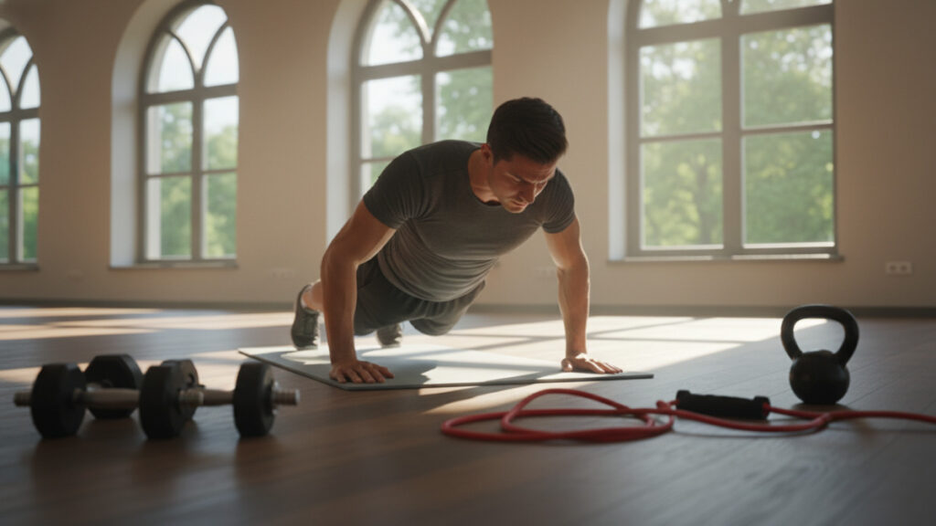 A focused, dynamic scene showcasing a person performing an isometric push-up to emphasize the concept of tendon resilience. In the foreground, the figure, dressed in modest athletic wear, holds a strong isometric push-up position on a clean, modern exercise mat. Muscle definition and tension are highlighted, showcasing the upper body engagement. The middle ground features minimalistic fitness equipment, such as weights and resistance bands, arranged neatly. The background is a serene, softly illuminated gym environment with large windows allowing natural light to flood the space, creating a warm and inviting atmosphere. The camera angle should be slightly above eye level, capturing the intensity of the pose without distortion. The overall mood is focused and empowering, echoing themes of strength and health.