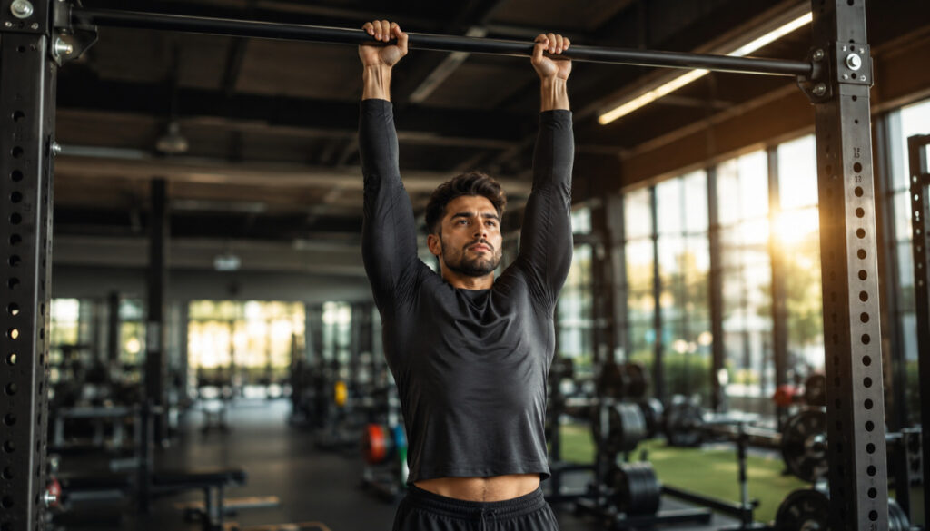 A focused scene of a person performing a dead hang on a pull-up bar in a well-lit gym. The individual is dressed in modest athletic clothing, showcasing proper form with arms fully extended, demonstrating muscle engagement and concentration. In the foreground, focus on the grip on the bar, emphasizing the fingers and forearms. In the middle ground, capture the person's strong posture and engaged core, clearly demonstrating the benefits of grip-strength training. The background features gym equipment subtly blurred to enhance depth, creating an immersive atmosphere of dedication and focus. Soft, natural lighting highlights the contours of the person’s muscles, while a slight lens flare adds warmth, reinforcing a positive energy around physical fitness and longevity.