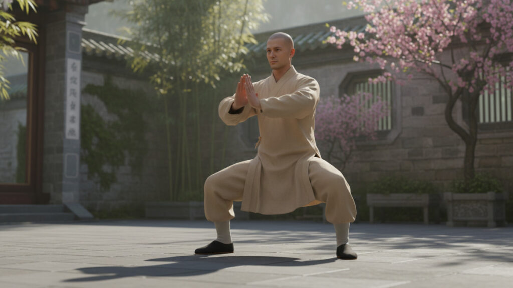 A serene Shaolin monk practicing isometric holds in a tranquil temple courtyard, surrounded by ancient stone structures and lush greenery. The monk, dressed in traditional beige martial arts attire, embodies focus and strength, standing firm in a static pose that showcases both muscle control and balance. In the foreground, the monk’s feet are firmly planted on a smooth stone surface, while their hands are positioned in a meditative gesture. In the middle ground, faint images of bamboo and blossoming cherry trees frame the scene, enhancing the peaceful atmosphere. Soft, diffused sunlight filters through the trees, creating gentle shadows that highlight the monk’s posture. The angle is slightly low, emphasizing the steadfast presence of the practitioner amidst the serene setting, conveying a sense of calm determination and inner strength.