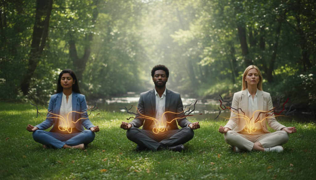 A serene and contemplative scene illustrating the concept of distinguishing between productive and harmful pain through somatic tracking. In the foreground, a diverse group of three individuals dressed in professional business attire, engaged in a mindfulness exercise, sitting cross-legged on soft grass. In the middle ground, an ethereal representation of their internal sensations—a gentle aura enveloping their bodies, showcasing productive pain as warm, golden light, while harmful pain manifests as jagged, dark red shadows. The background features a tranquil natural setting with soft, diffused sunlight filtering through green foliage, creating a calm and introspective atmosphere. The camera angle is slightly elevated, capturing the participants’ expressions of focus and inner awareness. The mood is hopeful and reflective, inviting the viewer to explore their own bodily sensations.