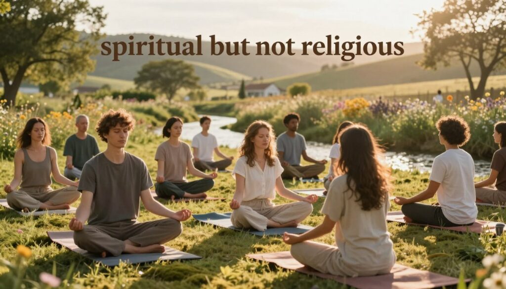 A serene and introspective scene illustrating the essence of the "spiritual but not religious" movement. In the foreground, a diverse group of individuals, dressed in modest casual clothing, is engaged in meditation or mindfulness exercises. The middle ground features a tranquil outdoor setting, with natural elements like soft moss, gentle streams, and blooming wildflowers, symbolizing connection to nature. In the background, soft hills and distant trees create a sense of peace and unity with the earth. The lighting is warm and golden, mimicking a late afternoon sun, casting gentle shadows and evoking a sense of calm and introspection. The overall mood is harmonious and uplifting, reflecting the essence of inner peace and spiritual exploration without dogma.