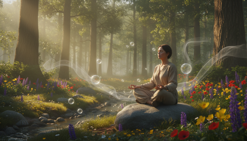 A serene forest clearing at dawn, with soft golden light filtering through the trees, casting ethereal shadows on the ground. In the foreground, a person sits cross-legged on a smooth stone, dressed in modest casual clothing, eyes closed in meditation, embodying a sense of peace and introspection. Surrounding them, various symbols of spiritual awakening like floating orbs of light and gentle wisps of fog create a mystical atmosphere. In the middle, vibrant wildflowers bloom, representing growth and authenticity amidst nature's tranquility. The background features tall trees with lush green foliage, their leaves rustling softly in the breeze, evoking a sense of connection and grounding. The overall mood is one of calm, reflection, and spiritual harmony, inviting the viewer to explore the theme of self-discovery. A serene forest clearing at dawn, with soft golden light filtering through the trees, casting ethereal shadows on the ground. In the foreground, a person sits cross-legged on a smooth stone, dressed in modest casual clothing, eyes closed in meditation, embodying a sense of peace and introspection. Surrounding them, various symbols of spiritual awakening like floating orbs of light and gentle wisps of fog create a mystical atmosphere. In the middle, vibrant wildflowers bloom, representing growth and authenticity amidst nature's tranquility. The background features tall trees with lush green foliage, their leaves rustling softly in the breeze, evoking a sense of connection and grounding. The overall mood is one of calm, reflection, and spiritual harmony, inviting the viewer to explore the theme of self-discovery.