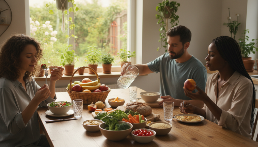 A serene kitchen environment, featuring a beautifully set table with a variety of healthy foods displayed artfully. In the foreground, a diverse group of three individuals—two women and a man—dressed in modest casual clothing, are engaging in mindful eating. One person is thoughtfully savoring a colorful salad, while another is pouring a refreshing glass of water, emphasizing hydration's role in managing hunger cues. In the middle, a vibrant assortment of fruits and vegetables, alongside whole grains, symbolizes sensory diversity. Soft, natural light pours in from a window, creating a warm, inviting atmosphere. The background reveals lush plants, reinforcing a connection to nature. The overall mood is calm and focused, conveying the essence of mindful eating strategies.