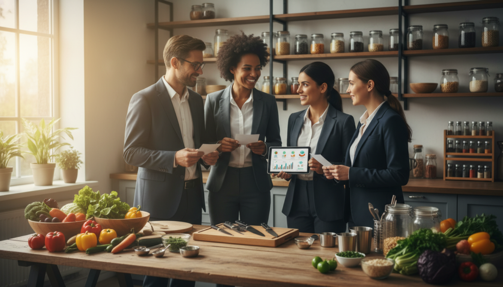 A serene kitchen setting filled with fresh, colorful fruits and vegetables, symbolizing personalized nutrition for various body types. In the foreground, a diverse group of individuals—two men and two women—are engaged in a friendly discussion, each wearing professional business attire. They hold recipe cards and consult a digital tablet displaying personalized nutrition plans. In the middle ground, a wooden table is adorned with meal preparation essentials, like a cutting board, knives, and measuring cups. Soft, natural light filters in through a large window, casting a warm glow over the scene, enhancing the inviting atmosphere of healthy living. The background shows a well-organized pantry with healthy food options, emphasizing a holistic approach to long-term wellness. A serene kitchen setting filled with fresh, colorful fruits and vegetables, symbolizing personalized nutrition for various body types. In the foreground, a diverse group of individuals—two men and two women—are engaged in a friendly discussion, each wearing professional business attire. They hold recipe cards and consult a digital tablet displaying personalized nutrition plans. In the middle ground, a wooden table is adorned with meal preparation essentials, like a cutting board, knives, and measuring cups. Soft, natural light filters in through a large window, casting a warm glow over the scene, enhancing the inviting atmosphere of healthy living. The background shows a well-organized pantry with healthy food options, emphasizing a holistic approach to long-term wellness.