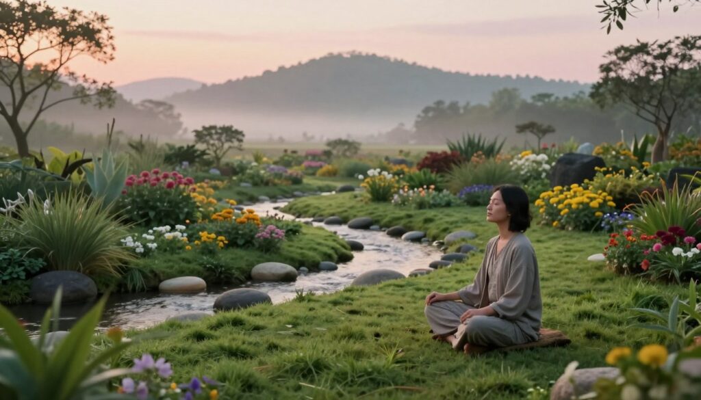 A serene landscape at dawn depicting a tranquil garden with gentle streams and lush greenery to symbolize personal spirituality. In the foreground, a person in modest casual clothing sits cross-legged on a soft patch of grass, eyes closed, embodying a sense of peace and introspection. The middle ground features vibrant flowers and smooth stones arranged in a calming path, inviting exploration and mindfulness. The background showcases soft, misty hills under a pastel sky, suggesting enlightenment and connection to nature. The lighting is warm and soft, capturing the essence of early morning light, creating an ethereal, spiritual atmosphere. The composition is captured with a wide-angle lens to convey an expansive, inviting space that evokes serenity and reflection.
