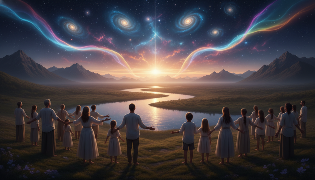 A serene landscape depicting a vibrant cosmic scene, symbolizing the collective consciousness shift and spiritual growth. In the foreground, a diverse group of individuals, dressed in modest casual clothing, stands together with outstretched arms, their faces illuminated with joy and awareness. In the middle ground, a gentle stream flows, reflecting the colors of a radiant sunset, which bathes the scene in warm golden and soft purple hues. The background features distant mountains under a vast sky filled with swirling galaxies and ethereal light beams, representing heightened awareness and connection to the universe. The atmosphere is peaceful and uplifting, inviting viewers to contemplate personal and collective transformation. The lighting is soft and diffuse, enhancing the tranquil and inspiring mood of the image. A serene landscape depicting a vibrant cosmic scene, symbolizing the collective consciousness shift and spiritual growth. In the foreground, a diverse group of individuals, dressed in modest casual clothing, stands together with outstretched arms, their faces illuminated with joy and awareness. In the middle ground, a gentle stream flows, reflecting the colors of a radiant sunset, which bathes the scene in warm golden and soft purple hues. The background features distant mountains under a vast sky filled with swirling galaxies and ethereal light beams, representing heightened awareness and connection to the universe. The atmosphere is peaceful and uplifting, inviting viewers to contemplate personal and collective transformation. The lighting is soft and diffuse, enhancing the tranquil and inspiring mood of the image.