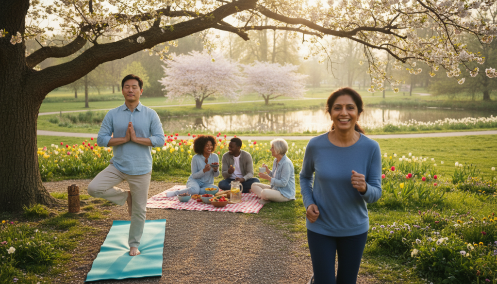 A serene outdoor scene depicting a diverse group of individuals engaged in healthy lifestyle changes to lower cholesterol. In the foreground, a middle-aged woman in modest athletic wear jogging along a scenic path, smiling and looking energized. Beside her, a man in comfortable yet professional attire practices yoga on a mat under a tree. In the middle ground, a picnic setup featuring a colorful spread of fruits, nuts, and whole grains, emphasizing healthy eating. The background shows a lush park with green trees and flowers in bloom, symbolizing vitality. The atmosphere is warm and uplifting, with soft, golden sunlight filtering through the leaves, capturing a sense of health and renewal. The perspective is slightly angled, providing depth to the scene.