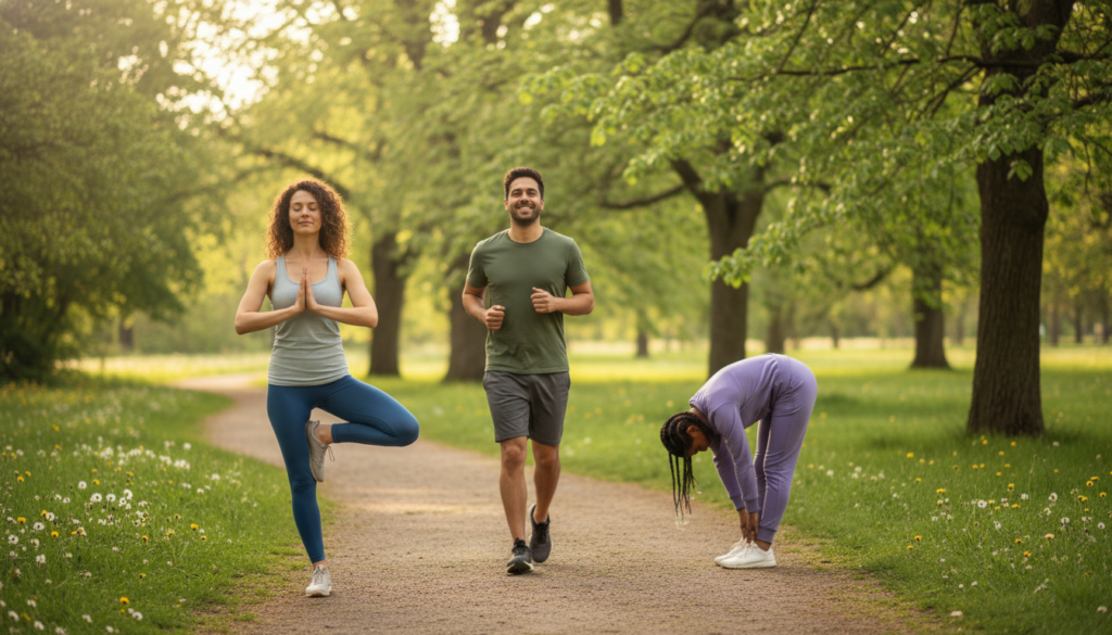 A serene outdoor scene depicting a diverse group of three individuals engaged in moderate exercise, such as yoga and jogging, on a sunlit green park path. In the foreground, a woman in comfortable athletic wear performs a gentle yoga pose, symbolizing tranquility and mindfulness. In the middle ground, a man jogs at a steady pace, embodying vitality and balance, with a slight smile to indicate enjoyment. The background features lush trees and soft sunlight filtering through leaves, creating a warm and inviting atmosphere. The image should have soft, natural lighting to evoke a sense of calm and wellness. The overall mood should reflect positivity and a healthy lifestyle, emphasizing the importance of exercise in lowering cortisol levels.