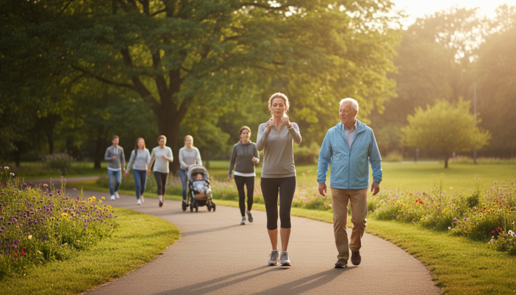 A serene park scene during the golden hour, capturing a diverse group of individuals walking briskly along a winding path. In the foreground, a woman in modest athletic wear demonstrates proper walking form, with a determined expression. Next to her, an older gentleman wearing a light jacket and comfortable shoes strides purposefully. The middle ground features lush green trees and scattered wildflowers, adding a vibrant touch to the environment. In the background, soft sunlight filters through the branches, creating a warm, inviting glow. The mood is uplifting and inspiring, conveying the message of health and vitality. Use a slightly elevated angle to provide a dynamic perspective, emphasizing the active movement of the walkers and the tranquility of nature surrounding them. A serene park scene during the golden hour, capturing a diverse group of individuals walking briskly along a winding path. In the foreground, a woman in modest athletic wear demonstrates proper walking form, with a determined expression. Next to her, an older gentleman wearing a light jacket and comfortable shoes strides purposefully. The middle ground features lush green trees and scattered wildflowers, adding a vibrant touch to the environment. In the background, soft sunlight filters through the branches, creating a warm, inviting glow. The mood is uplifting and inspiring, conveying the message of health and vitality. Use a slightly elevated angle to provide a dynamic perspective, emphasizing the active movement of the walkers and the tranquility of nature surrounding them.