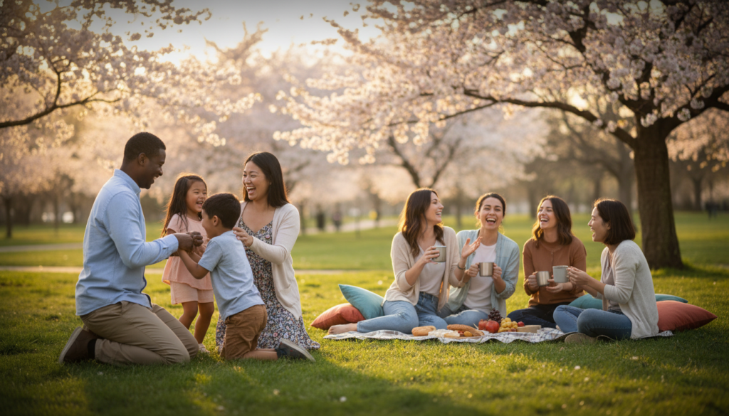 A serene park scene during the golden hour, showcasing a diverse group of people engaging in laughter and expressions of gratitude. In the foreground, a mixed-race family is enjoying a playful moment, with parents tickling their children, all dressed in casual but modest clothing. The middle layer features friends sharing a picnic, seated on a cozy blanket, their faces lit up with joy as they share stories and laughter. The background is filled with blooming trees and soft, dappled sunlight filtering through leaves. A gentle breeze stirs the scene, creating a warm and inviting atmosphere. The image conveys feelings of happiness, relaxation, and connection. Use soft focus with a slight vignette effect to enhance the mood, capturing the essence of joy and gratitude associated with lowering cortisol naturally.