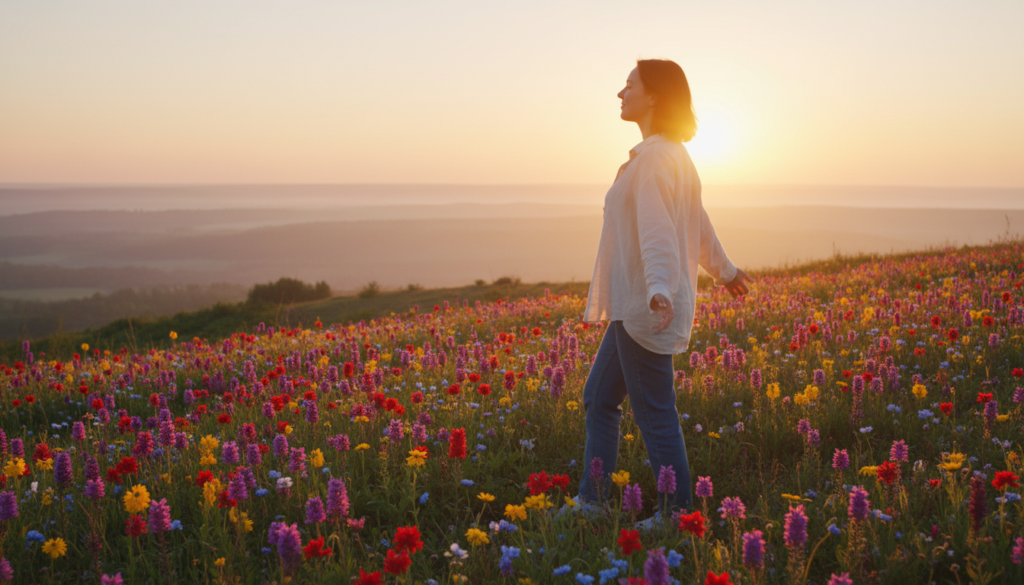 A serene, reflective scene depicting the concept of "breaking the cycle of comparison." In the foreground, a person dressed in modest casual clothing stands on a grassy hilltop, gazing at a vibrant sunrise. Their posture is open and relaxed, symbolizing self-acceptance and peace. In the middle ground, gentle rolling hills bloom with wildflowers, each unique in color and shape, representing individuality. In the background, a hazy horizon fades into soft pastel hues, evoking a sense of tranquility and potential. The lighting is warm and golden, casting soft shadows that enhance the serene atmosphere. The angle captures the person in profile, with the beautiful landscape framing their figure, inviting viewers to reflect on their own journey away from comparison and towards inner peace. A serene, reflective scene depicting the concept of "breaking the cycle of comparison." In the foreground, a person dressed in modest casual clothing stands on a grassy hilltop, gazing at a vibrant sunrise. Their posture is open and relaxed, symbolizing self-acceptance and peace. In the middle ground, gentle rolling hills bloom with wildflowers, each unique in color and shape, representing individuality. In the background, a hazy horizon fades into soft pastel hues, evoking a sense of tranquility and potential. The lighting is warm and golden, casting soft shadows that enhance the serene atmosphere. The angle captures the person in profile, with the beautiful landscape framing their figure, inviting viewers to reflect on their own journey away from comparison and towards inner peace.