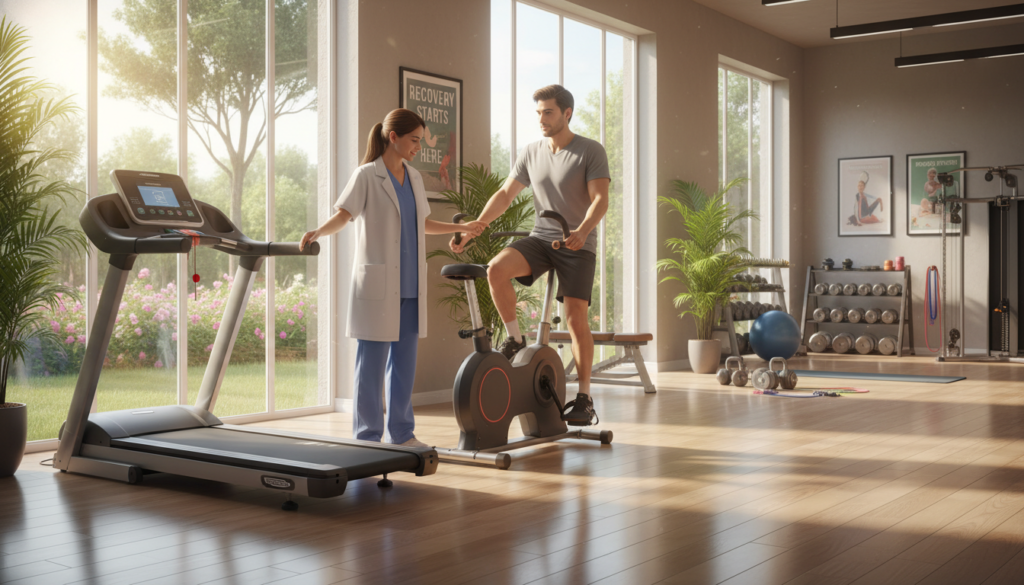A serene rehabilitation space featuring a treadmill on the left and a stationary bike on the right, both positioned on a polished wooden floor. In the foreground, a physical therapist in professional attire is guiding a patient, who is dressed in modest casual clothing, as they demonstrate proper use of both machines. In the middle ground, soft natural light streams through large windows, casting a warm glow that enhances the calming atmosphere. The background shows a well-equipped gym with plants and motivational posters, emphasizing recovery and wellness. The scene captures a balanced and supportive environment, ideal for low-impact cardio exercises, invoking a sense of hope and determination in fitness and rehabilitation. A serene rehabilitation space featuring a treadmill on the left and a stationary bike on the right, both positioned on a polished wooden floor. In the foreground, a physical therapist in professional attire is guiding a patient, who is dressed in modest casual clothing, as they demonstrate proper use of both machines. In the middle ground, soft natural light streams through large windows, casting a warm glow that enhances the calming atmosphere. The background shows a well-equipped gym with plants and motivational posters, emphasizing recovery and wellness. The scene captures a balanced and supportive environment, ideal for low-impact cardio exercises, invoking a sense of hope and determination in fitness and rehabilitation.