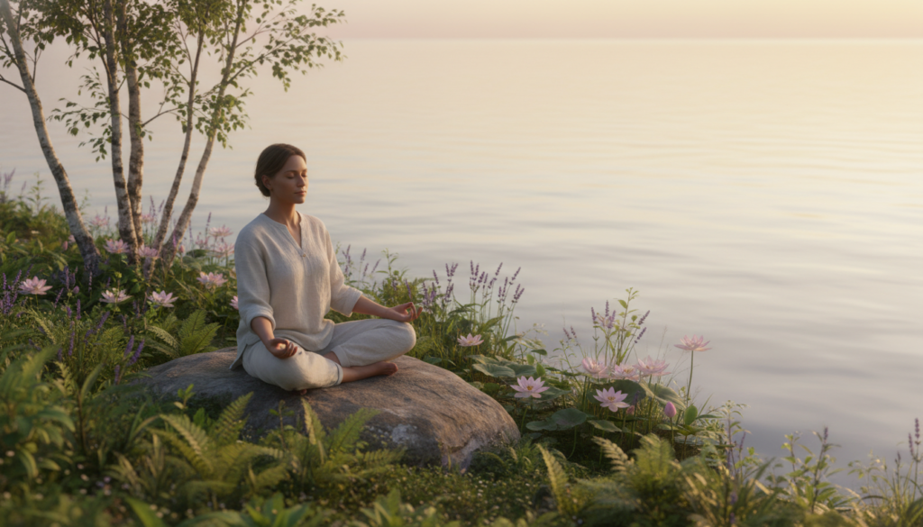 A serene scene depicting a person meditating in a tranquil natural environment, embodying ego detachment through meditation. In the foreground, a calm individual, dressed in modest casual clothing, sits cross-legged on a smooth rock at the edge of a peaceful lake, eyes closed, surrounded by soft greenery. The middle ground features gentle, swaying trees and blooming flowers, symbolizing growth and inner peace. In the background, a soft sunset casts warm golden and pastel hues across the sky, reflecting in the tranquil waters of the lake, enhancing the mood of serenity and introspection. The lighting is soft and diffused, creating a dreamlike atmosphere. The perspective is slightly elevated, looking down on the meditator, emphasizing their connection to nature and the feeling of letting go. A serene scene depicting a person meditating in a tranquil natural environment, embodying ego detachment through meditation. In the foreground, a calm individual, dressed in modest casual clothing, sits cross-legged on a smooth rock at the edge of a peaceful lake, eyes closed, surrounded by soft greenery. The middle ground features gentle, swaying trees and blooming flowers, symbolizing growth and inner peace. In the background, a soft sunset casts warm golden and pastel hues across the sky, reflecting in the tranquil waters of the lake, enhancing the mood of serenity and introspection. The lighting is soft and diffused, creating a dreamlike atmosphere. The perspective is slightly elevated, looking down on the meditator, emphasizing their connection to nature and the feeling of letting go.
