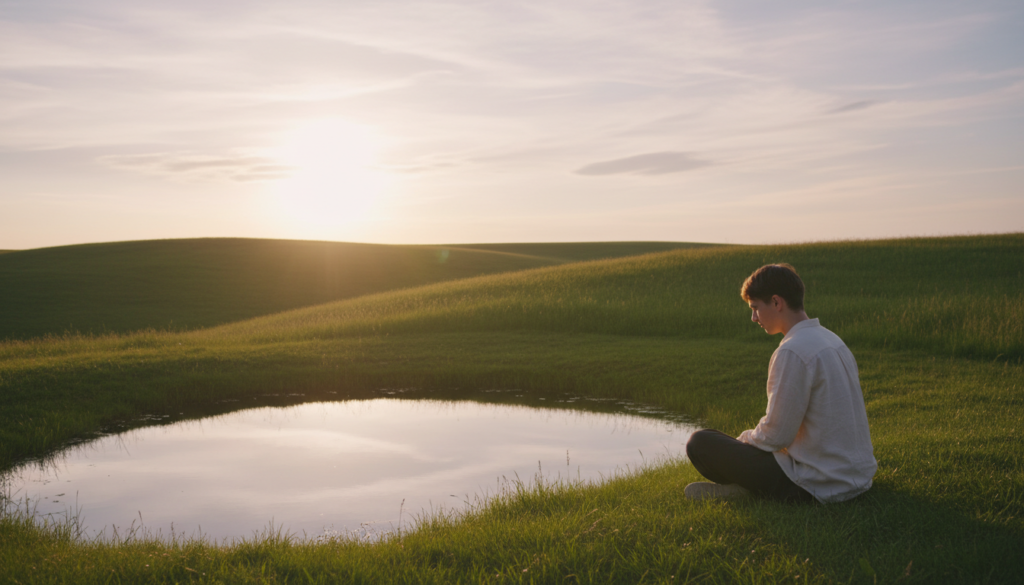 A serene scene depicting the concept of self-reflection, focused on a young adult sitting cross-legged on a grassy hilltop. In the foreground, the individual, dressed in modest casual clothing, gazes peacefully at their own reflection in a small, tranquil pond. The middle ground features gently rolling hills bathed in soft, golden light from a setting sun, creating a warm and inviting ambiance. In the background, wispy clouds drift across a pastel sky, symbolizing the fleeting nature of stress. Utilize a wide-angle lens to capture the expansive landscape, emphasizing a feeling of openness and solitude. The overall mood should evoke tranquility and contemplation, inviting viewers to embrace the act of letting go and finding inner peace amidst daily challenges.