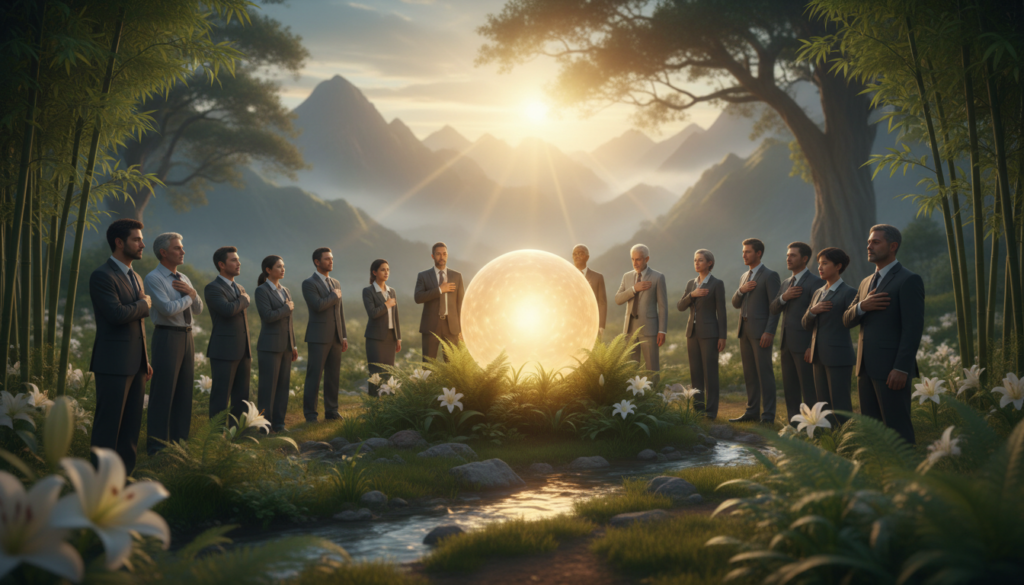 A serene scene representing spiritual identity and personal development. In the foreground, a diverse group of individuals in professional attire stands in a harmonious circle, their expressions reflecting reflection and determination. The middle ground features a softly glowing orb of light, symbolizing inner illumination and growth, surrounded by gentle nature elements like flowing water and vibrant plants. The background showcases a misty mountain range beneath a radiant sunrise, casting warm golden light that filters through the trees, creating an uplifting atmosphere. The overall mood is tranquil yet empowering, evoking a sense of enlightenment and discovery. The composition should be framed with a wide-angle lens, with soft focus on the background to emphasize the group in the foreground.