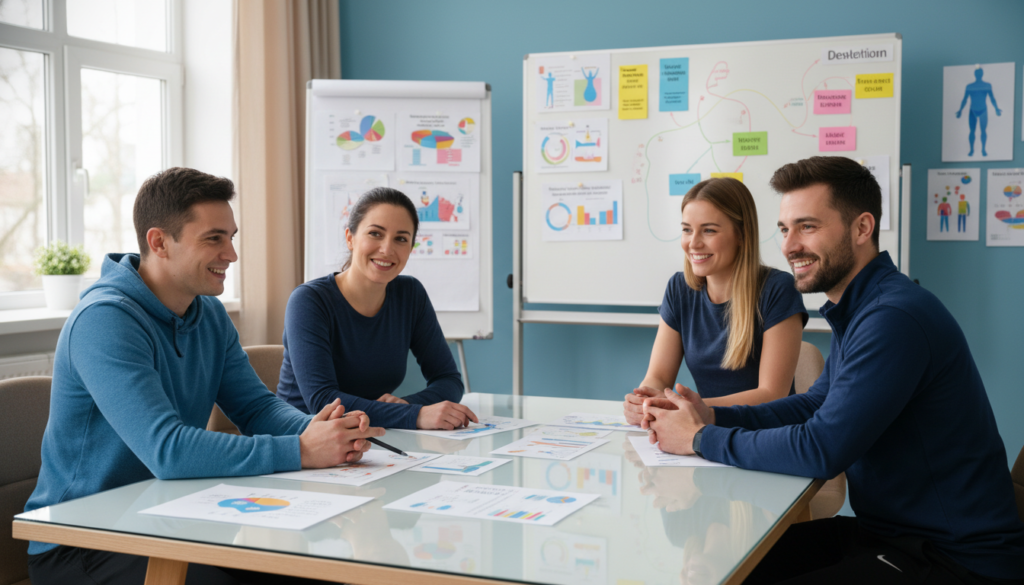A serene, well-organized space dedicated to weight loss strategies, featuring an assortment of visual aids. In the foreground, a diverse group of individuals (two men and two women) dressed in professional athletic wear, engaged in discussion around a sleek, modern table filled with charts and infographics representing various body types and corresponding weight loss approaches. The middle background displays a large whiteboard filled with colorful diagrams illustrating exercise regimes and dietary guidelines. Soft, natural light streams in through large windows, creating a calm and motivating atmosphere. An emphasis on collaboration and knowledge sharing is palpable, with a slight focus on the individuals sharing their experiences and insights, exuding positivity and determination. The overall mood is one of encouragement and empowerment. A serene, well-organized space dedicated to weight loss strategies, featuring an assortment of visual aids. In the foreground, a diverse group of individuals (two men and two women) dressed in professional athletic wear, engaged in discussion around a sleek, modern table filled with charts and infographics representing various body types and corresponding weight loss approaches. The middle background displays a large whiteboard filled with colorful diagrams illustrating exercise regimes and dietary guidelines. Soft, natural light streams in through large windows, creating a calm and motivating atmosphere. An emphasis on collaboration and knowledge sharing is palpable, with a slight focus on the individuals sharing their experiences and insights, exuding positivity and determination. The overall mood is one of encouragement and empowerment.