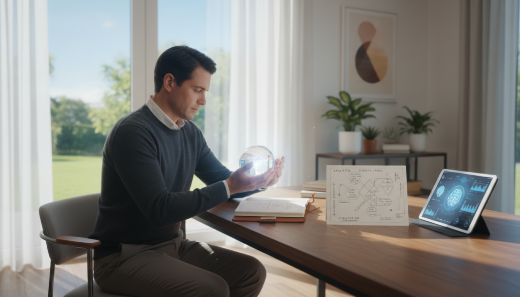 A serene workspace featuring a person sitting at a desk, deep in thought, embodying the concept of "mindset transformation." In the foreground, the person, dressed in smart casual attire, is focused on a glowing crystal orb representing clarity and self-awareness. The middle ground showcases an open journal filled with inspirational quotes and diagrams, symbolizing the integration of new principles into daily life. In the background, a large window reveals a bright, sunny day, symbolizing optimism and growth. Soft, natural light streams in, casting gentle shadows. The atmosphere is uplifting and introspective, inviting viewers to reflect on personal growth and identity reframing, while maintaining a balance between professionalism and creativity.