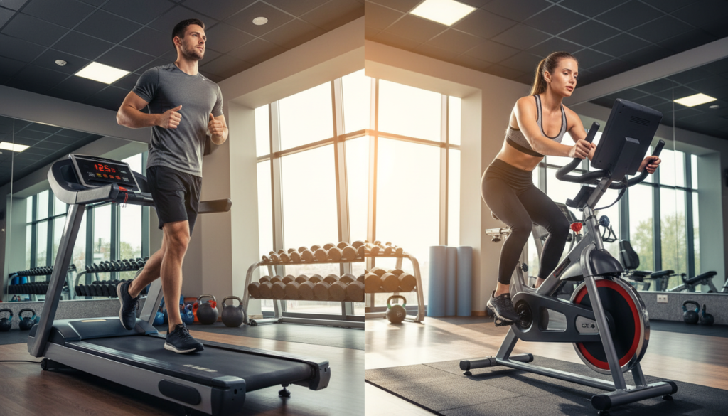 A side-by-side comparison image of a treadmill and a stationary bike, both prominently displayed in a well-lit and modern gym setting. In the foreground, a male and female fitness enthusiast in professional activewear engage with each machine; the treadmill shows the man jogging with a focused expression, while the woman pedals energetically on the bike. The middle ground highlights details of both machines, showcasing their features like speed metrics on the treadmill and adjustable resistance on the bike. The background features gym elements like weights and mirrors, enhancing the atmosphere of a fitness environment. The lighting is bright and encouraging, radiating a sense of motivation and energy. The angle captures a dynamic perspective, emphasizing muscle engagement and full-body conditioning. A side-by-side comparison image of a treadmill and a stationary bike, both prominently displayed in a well-lit and modern gym setting. In the foreground, a male and female fitness enthusiast in professional activewear engage with each machine; the treadmill shows the man jogging with a focused expression, while the woman pedals energetically on the bike. The middle ground highlights details of both machines, showcasing their features like speed metrics on the treadmill and adjustable resistance on the bike. The background features gym elements like weights and mirrors, enhancing the atmosphere of a fitness environment. The lighting is bright and encouraging, radiating a sense of motivation and energy. The angle captures a dynamic perspective, emphasizing muscle engagement and full-body conditioning.