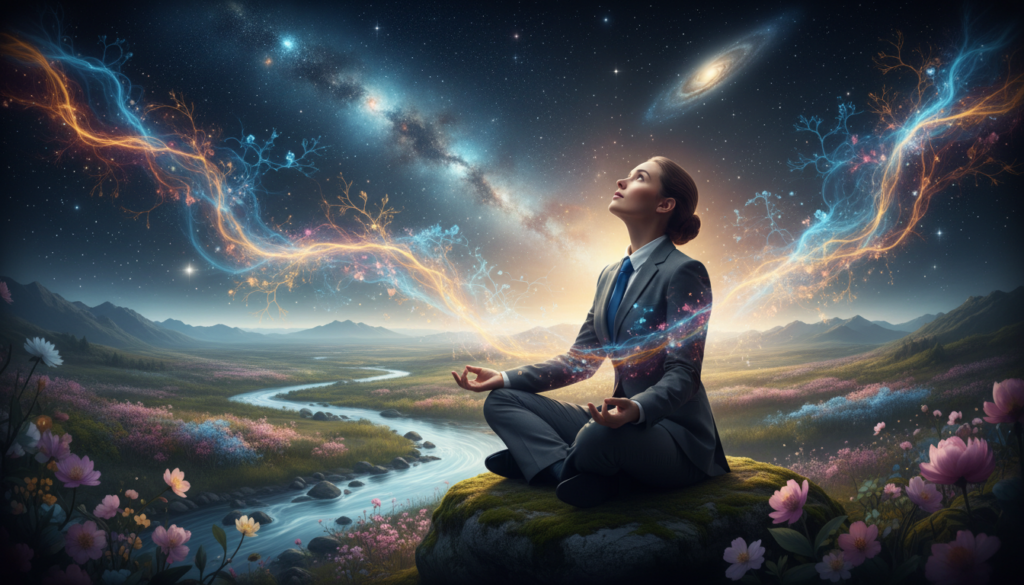 A surreal depiction of consciousness expansion, featuring a person sitting cross-legged in a serene, vast landscape, gazing upwards. In the foreground, the individual, dressed in professional business attire, is illuminated by soft, ambient light that creates a calm and reflective mood. The middle ground showcases vibrant, swirling colors and abstract patterns representing thought processes and neural connections, merging with elements of nature like flowing streams and blooming flowers. In the background, a majestic, expansive view of the universe, filled with stars and cosmic formations, encourages a sense of awe and interconnectedness. The composition captures a harmonious blend of tranquility and enlightenment, with a slight vignette to enhance the focus on the subject and evoke the feeling of mental clarity and liberation.