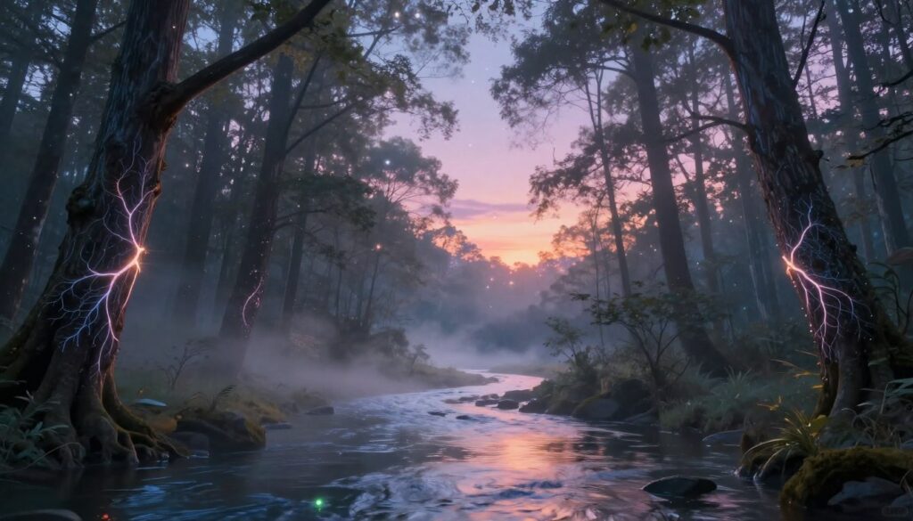 A surreal landscape representing the nature of consciousness, with an ethereal forest in the foreground, where trees have intricate, glowing patterns on their bark that resemble neural pathways. In the middle ground, a shimmering river flows, reflecting various colors of light as it meanders through the forest. Wisps of mist rise from the water, creating an atmosphere of mystery and depth. In the background, a vast sky transitions from twilight to dawn, filled with soft pastels and twinkling stars merging into the warm glow of the sun. Use soft, diffused lighting to enhance the serene mood, shooting from a low angle to capture the towering trees and the delicate interplay of light and shadow across the scene. The overall ambiance should evoke a sense of interconnectedness and tranquility.