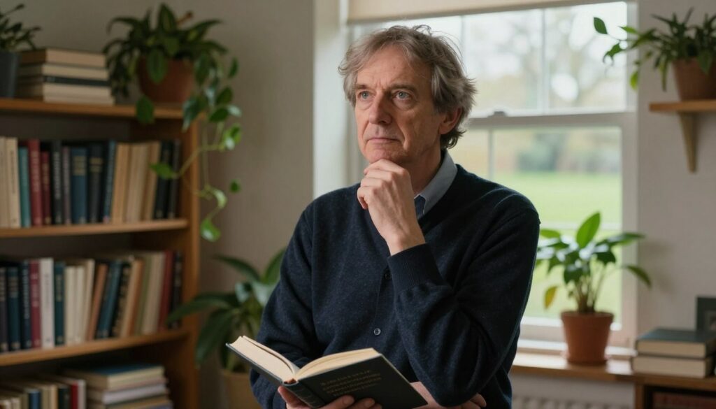 A thoughtful portrait of a middle-aged philosopher, Philip Goff, in a cozy, intellectual setting that embodies the essence of panpsychism. In the foreground, Goff stands confidently, dressed in smart casual attire, holding a book with a contemplative expression. The middle ground features shelves filled with philosophical texts and plant life, symbolizing consciousness in nature. In the background, a softly lit window reveals a serene landscape, with trees and gentle light filtering through, adding depth and a sense of interconnectedness. The atmosphere exudes curiosity and enlightenment, captured with warm, natural lighting to enhance the thoughtful mood. The angle is slightly elevated, focusing on Goff's face and the surrounding elements, creating an inviting and contemplative scene.