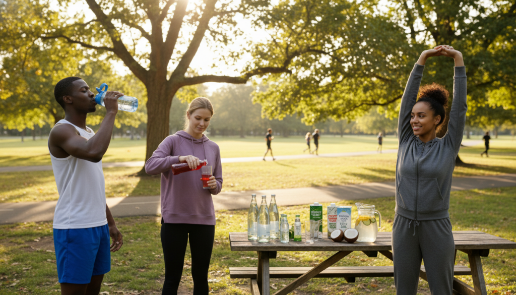 A vibrant and informative scene illustrating how to stay hydrated during exercise, featuring a diverse group of three athletes in the foreground – two wearing breathable sports attire and one in modest casual workout clothing. The first athlete is taking a refreshing sip from a reusable water bottle, while the second is pouring electrolyte drink into a cup. The third is stretching, looking relaxed and focused. In the middle ground, include a table with various hydration options like water, coconut water, and electrolyte drinks. In the background, depict a sunlit park setting with trees and a jogging path, suggesting environmental factors affecting hydration. Use warm, natural lighting to create an upbeat and motivational atmosphere, captured from a slightly elevated angle to encompass the entire scene.