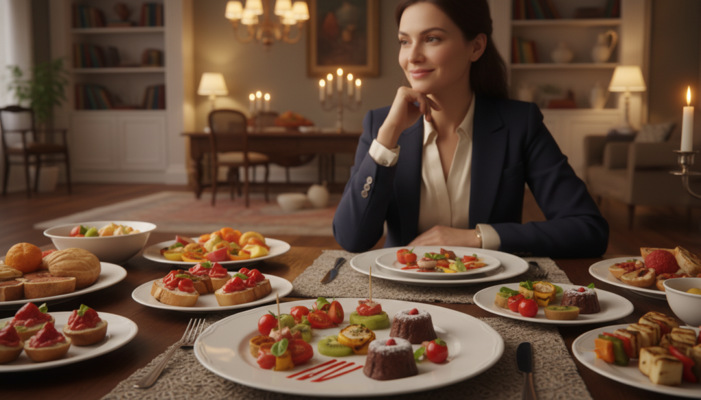 A visually engaging depiction of "sensory specific satiety," showcasing a beautifully arranged dining table filled with a diverse array of colorful, appetizing foods. In the foreground, an elegant plate of a variety of intricate dishes, such as vibrant fruits, gourmet appetizers, and enticing desserts, emphasizes variety. The middle ground features a person in smart casual attire, thoughtfully evaluating the spread, conveying contemplation and satisfaction. The background includes soft, warm lighting that creates an inviting atmosphere, complemented by a cozy dining room with subtle decor. The scene captures a sense of discovery and enjoyment, illustrating the concept of moderating food intake through sensory variety without overt indulgence. Use a lens with a slight depth of field to focus on the food while gently blurring the background, enhancing the overall warmth and inviting nature of the scene.