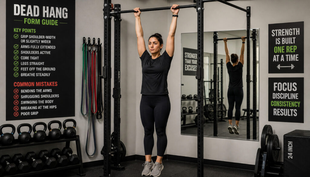 A well-lit indoor gym setting showcasing a person performing a dead hang correctly from a sturdy pull-up bar. The foreground highlights the individual, dressed in modest athletic wear, demonstrating proper grip and body alignment with arms fully extended and feet slightly off the ground. In the middle ground, various gym equipment is visible, including kettlebells and resistance bands, creating an engaged workout atmosphere. The background features motivational fitness posters and a wall-mounted mirror reflecting the hang technique. The lighting is bright and even, enhancing the clarity of the action and emphasizing the person's form. The overall mood is focused and informative, designed to illustrate the key aspects of the dead hang technique while addressing common mistakes.