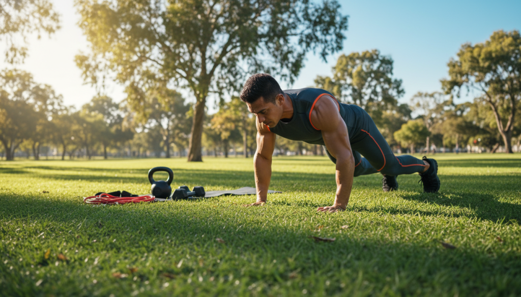 A well-toned adult in professional athletic wear executes a bear crawl on a grassy outdoor surface, showcasing strength and focus. In the foreground, the subject's arms and legs are fully extended, emphasizing their dynamic movement and engaged muscles. The middle ground features a soft focus on various fitness equipment, like resistance bands and kettlebells, hinting at a training environment. In the background, a sunlit park creates an inviting atmosphere, with trees softly swaying in the breeze and a clear blue sky overhead. The lighting is warm and natural, pouring in from the left side, casting gentle shadows that enhance the subject’s form. The overall mood is empowering and energetic, capturing the essence of functional strength training in a serene outdoor setting.