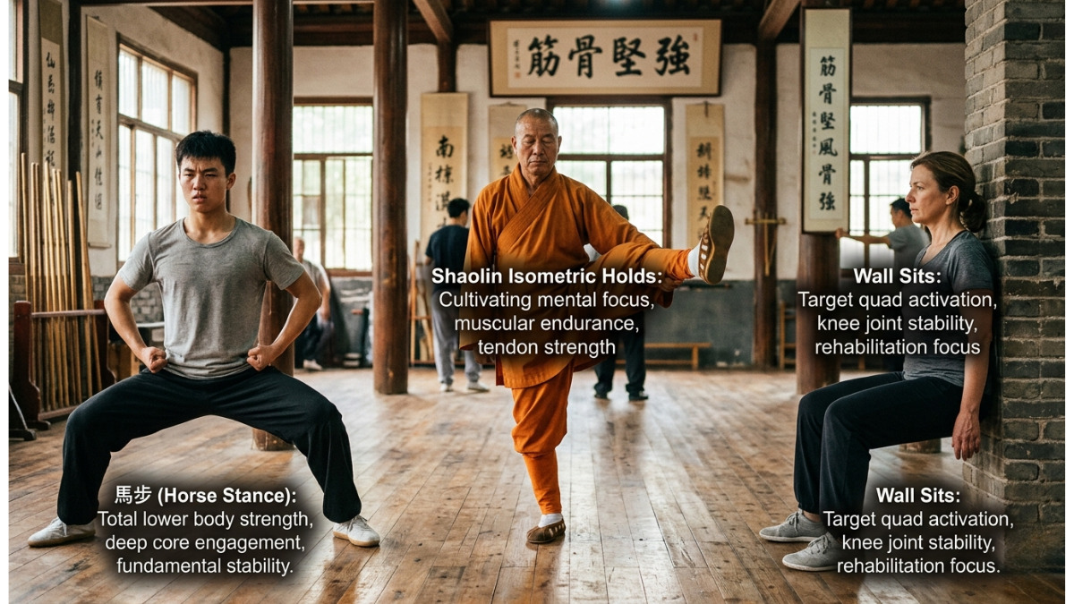 Shaolin isometric holds · horse stance benefits · wall sit for knee stability