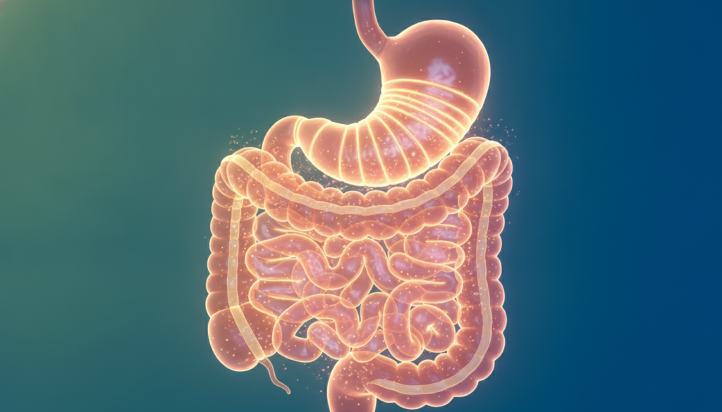 A close-up illustration of the human digestive system, focusing on the stomach and intestines, showcasing the rhythmic motion of gut peristalsis. In the foreground, a semi-transparent anatomical model of the digestive tract is illuminated with soft, diffused lighting to highlight the muscular contractions and wave-like motions. In the middle ground, vibrant colors representing nutrient flow and healthy gut flora surround the peristaltic activity, symbolizing optimal digestion. The background features a subtle gradient of calming greens and blues to evoke a sense of wellness and tranquility. The overall mood should be educational and inspiring, capturing the importance of lifestyle adjustments for healthy digestion. The image should be free of any text or watermarks.