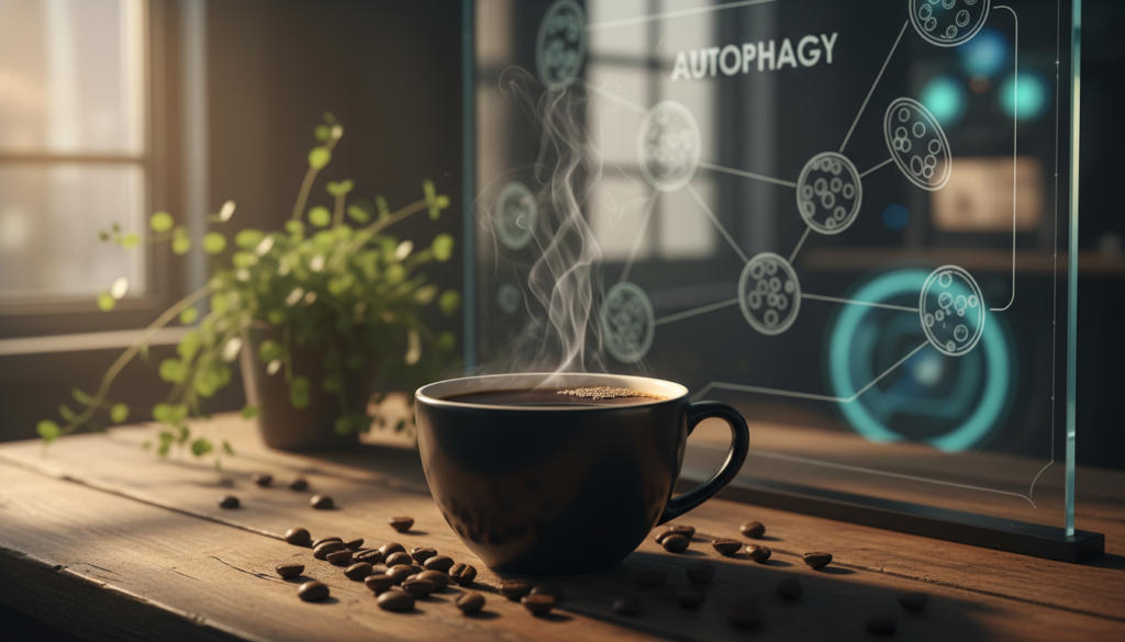 A close-up view of a steaming cup of black coffee placed on a wooden table, surrounded by coffee beans and a scientific diagram illustrating the process of autophagy in the background. The foreground features the glossy surface of the coffee, capturing reflections of soft morning light. In the middle, the coffee's rich color contrasts against a subtle, blurred green plant, symbolizing vitality and purity. The background displays an abstract representation of cellular structures and processes, resembling a modern science lab. The lighting is warm and inviting, creating a calm and focused atmosphere that emphasizes the connection between black coffee and cellular rejuvenation, ideal for a relaxed yet intellectual space. A close-up view of a steaming cup of black coffee placed on a wooden table, surrounded by coffee beans and a scientific diagram illustrating the process of autophagy in the background. The foreground features the glossy surface of the coffee, capturing reflections of soft morning light. In the middle, the coffee's rich color contrasts against a subtle, blurred green plant, symbolizing vitality and purity. The background displays an abstract representation of cellular structures and processes, resembling a modern science lab. The lighting is warm and inviting, creating a calm and focused atmosphere that emphasizes the connection between black coffee and cellular rejuvenation, ideal for a relaxed yet intellectual space.
