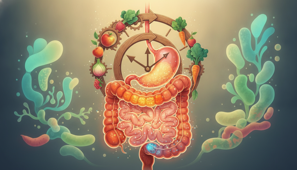 A detailed and vibrant illustration of the concept of "mmc function and digestion optimization." In the foreground, show a stylized human digestive system with highlighted areas of nutrient absorption, showcasing vibrant colors to indicate optimal function. In the middle ground, create a representation of a clock with symbolic elements of timing, such as arrows or gears integrated with natural imagery like fruits and vegetables, indicating the timing of nutrient intake. In the background, add soft, abstract shapes of the gut microbiome, displayed with soothing colors like greens and blues, giving an impression of health and balance. Use warm, diffused lighting to create a calming atmosphere, as if illuminated by soft sunlight, capturing a sense of harmony and wellness in the digestive process.