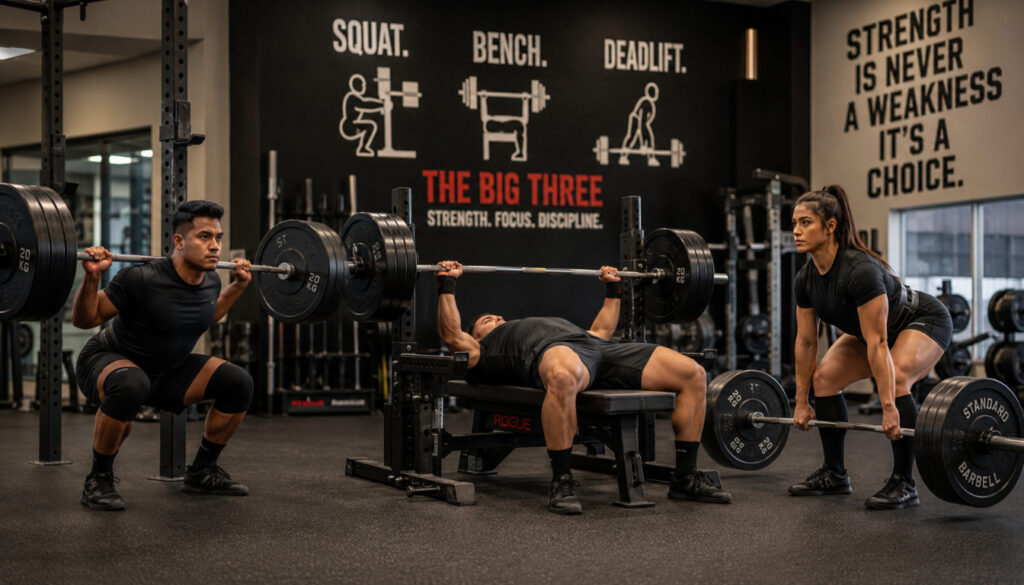 A dynamic powerlifting training scene captures the essence of mastering the Big Three lifts: squat, bench press, and deadlift. In the foreground, a diverse group of three athletes—two men and one woman—each demonstrating proper technique in well-fitted, modest athletic wear. The squat is being performed on the left, showcasing a strong back posture and depth; the bench press is centered with an athlete pushing with focused determination; on the right, the deadlift reveals flawless form, highlighting strength and stability. The middle ground features a bright, well-equipped gym setting with weights, benches, and racks, while the background has motivational wall art. Soft, ambient lighting enhances the atmosphere of focus and intensity, with a slight depth-of-field effect to emphasize the athletes.