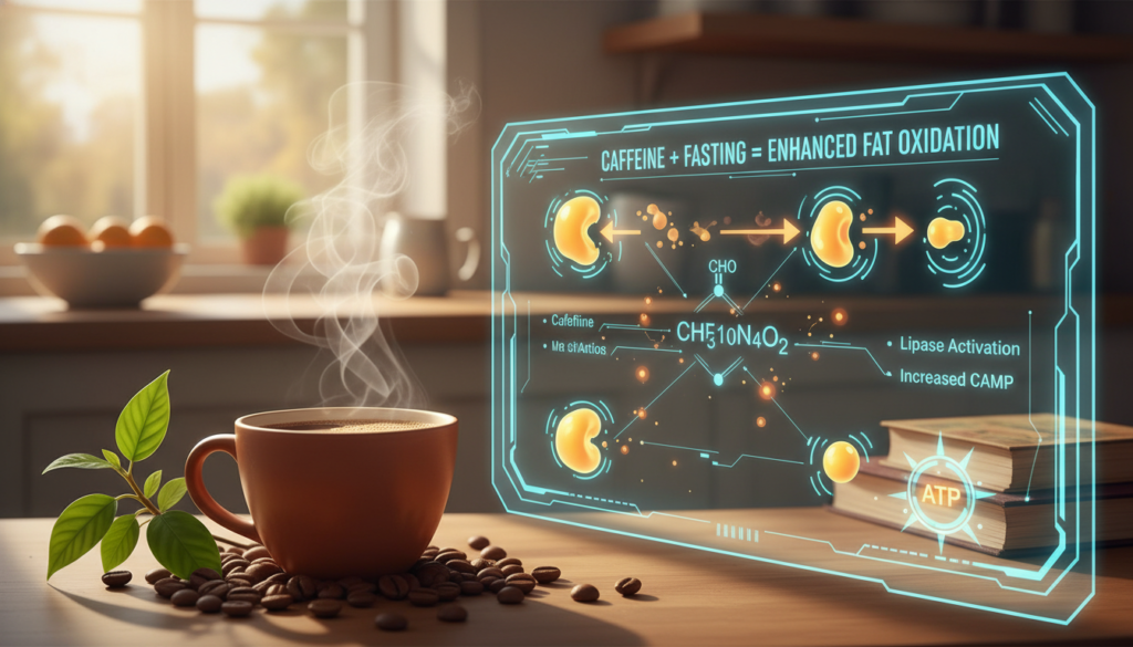 A dynamic scientific illustration depicting caffeine's impact on fat oxidation during fasting. In the foreground, a coffee cup with steaming aromatic coffee, surrounded by vibrant coffee beans and a small, lush plant representing energy and vitality. The middle ground shows a sleek, transparent infograph overlay illustrating metabolic processes, such as fat cells transforming into energy, highlighting the role of caffeine. The background features a soft-focus kitchen setting, bathed in warm morning light, suggesting a peaceful yet energizing atmosphere. The angle should be slightly elevated for a compelling perspective, capturing the essence of metabolic activation. The mood is invigorating and insightful, evoking a sense of curiosity about the science of coffee and fasting. A dynamic scientific illustration depicting caffeine's impact on fat oxidation during fasting. In the foreground, a coffee cup with steaming aromatic coffee, surrounded by vibrant coffee beans and a small, lush plant representing energy and vitality. The middle ground shows a sleek, transparent infograph overlay illustrating metabolic processes, such as fat cells transforming into energy, highlighting the role of caffeine. The background features a soft-focus kitchen setting, bathed in warm morning light, suggesting a peaceful yet energizing atmosphere. The angle should be slightly elevated for a compelling perspective, capturing the essence of metabolic activation. The mood is invigorating and insightful, evoking a sense of curiosity about the science of coffee and fasting.