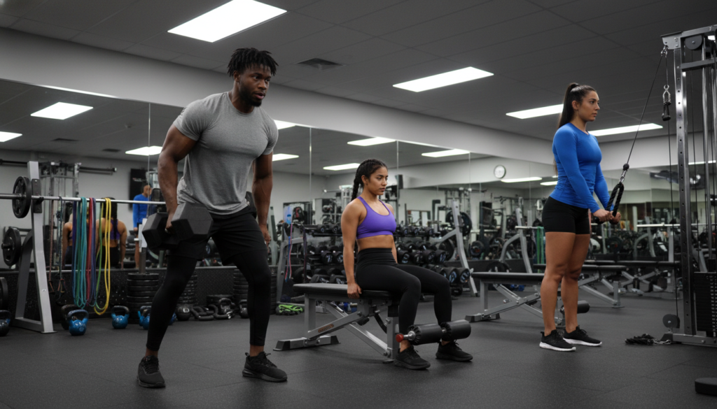 A focused fitness studio scene showcasing powerlifting accessory exercises. In the foreground, a diverse group of three individuals, one male and two female, clad in form-fitting yet modest workout attire, demonstrating various exercises like dumbbell rows, leg curls, and cable tricep extensions. The middle ground features gym equipment, including benches, resistance bands, and weights, organized and ready for use. The background includes large mirrors reflecting the engaged workout atmosphere. Bright, soft overhead lighting enhances the action, casting gentle shadows that highlight muscle definition. The lens captures a slightly elevated angle, emphasizing both the exercises and the determination on the participants' faces, creating an inspirational and motivating ambiance in the gym.
