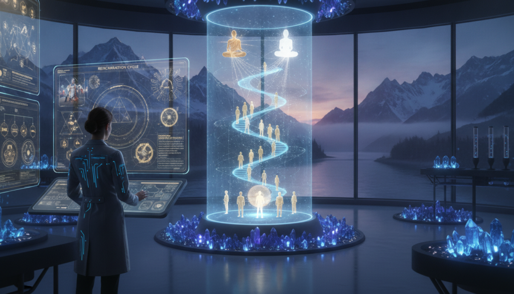 A futuristic laboratory filled with advanced technology that explores the concept of reincarnation. In the foreground, a scientist in professional attire examines glowing holographic images of past lives and karma, surrounded by charts and diagrams illustrating metaphysical concepts. In the middle, a translucent projection of the cycle of life and death, interconnected by energy pathways, representing the journey of souls towards enlightenment and nirvana. The background features a large, panoramic window with a serene landscape of mountains and a calm river, symbolizing peace and introspection. Soft, ambient lighting illuminates the scene, creating an ethereal atmosphere that blends science with spirituality, inviting contemplation and curiosity about the mysteries of existence.