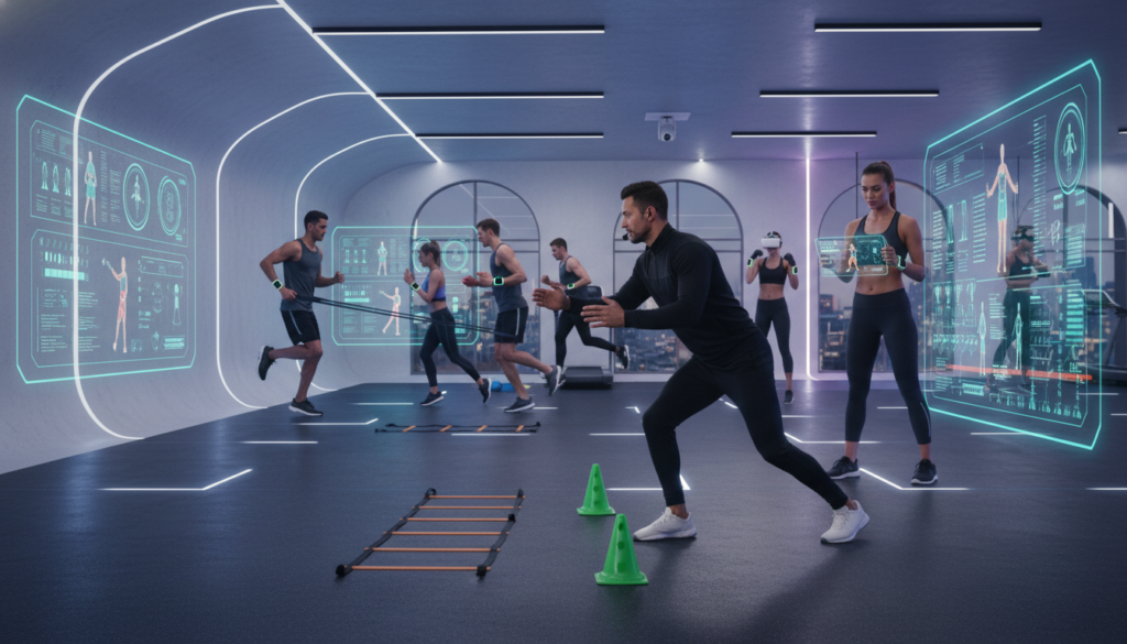 A modern gym setting featuring a diverse group of athletes of various ages and backgrounds engaged in athletic performance training, guided by an AI coaching interface displayed on screens. In the foreground, a coach in professional attire demonstrates a technique with precise movements, while an athlete listens attentively, analyzing data projected on a tablet. The middle layer shows dynamic exercises with athletes performing agility drills, incorporating modern equipment like smart wearables. The background features sleek, futuristic gym design with soft lighting that creates an inspiring, motivational atmosphere. The mood should be focused and energetic, emphasizing the blend of technology and human effort in training for optimal athletic performance. Use a wide-angle lens to capture the action and depth of the environment. A modern gym setting featuring a diverse group of athletes of various ages and backgrounds engaged in athletic performance training, guided by an AI coaching interface displayed on screens. In the foreground, a coach in professional attire demonstrates a technique with precise movements, while an athlete listens attentively, analyzing data projected on a tablet. The middle layer shows dynamic exercises with athletes performing agility drills, incorporating modern equipment like smart wearables. The background features sleek, futuristic gym design with soft lighting that creates an inspiring, motivational atmosphere. The mood should be focused and energetic, emphasizing the blend of technology and human effort in training for optimal athletic performance. Use a wide-angle lens to capture the action and depth of the environment.