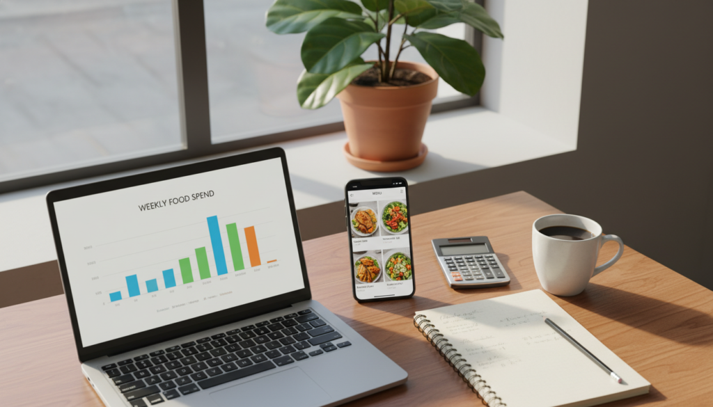 A modern workspace featuring a stylish, organized desk filled with budgeting tools for weekly meal delivery subscriptions. In the foreground, a neat laptop displays a colorful chart analyzing weekly expenses, alongside a notepad filled with handwritten calculations. A calculator and a cup of coffee sit next to the laptop. In the middle ground, a smartphone shows a meal delivery app with enticing meal options. The background reveals a well-lit room with a large window allowing natural light to flow in, highlighting a potted plant for a touch of greenery. The overall atmosphere is focused and calm, promoting a sense of productivity and financial planning. The scene is photographed from an overhead angle, capturing the meticulous arrangement of the items on the desk, creating an inviting yet professional ambiance. A modern workspace featuring a stylish, organized desk filled with budgeting tools for weekly meal delivery subscriptions. In the foreground, a neat laptop displays a colorful chart analyzing weekly expenses, alongside a notepad filled with handwritten calculations. A calculator and a cup of coffee sit next to the laptop. In the middle ground, a smartphone shows a meal delivery app with enticing meal options. The background reveals a well-lit room with a large window allowing natural light to flow in, highlighting a potted plant for a touch of greenery. The overall atmosphere is focused and calm, promoting a sense of productivity and financial planning. The scene is photographed from an overhead angle, capturing the meticulous arrangement of the items on the desk, creating an inviting yet professional ambiance.
