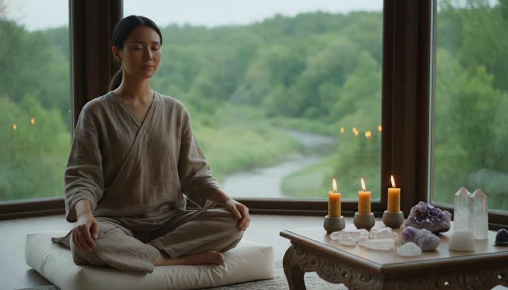A serene and focused interior scene depicting a remote viewing practice session. In the foreground, a person of Asian descent sits cross-legged on a soft meditation mat, eyes closed, wearing modest casual clothing. Their serene expression conveys deep concentration. In the middle ground, a small table is adorned with crystals, a few candles flickering gently, casting warm, soft light. Behind them, a calming backdrop features large, architectural windows showing a tranquil nature scene with soft, lush greenery outside. The lighting is soft, creating a peaceful atmosphere, enhancing the mystical essence of remote viewing. The angle is slightly elevated, capturing both the practitioner and the surrounding elements that symbolize clarity and insight. A serene and focused interior scene depicting a remote viewing practice session. In the foreground, a person of Asian descent sits cross-legged on a soft meditation mat, eyes closed, wearing modest casual clothing. Their serene expression conveys deep concentration. In the middle ground, a small table is adorned with crystals, a few candles flickering gently, casting warm, soft light. Behind them, a calming backdrop features large, architectural windows showing a tranquil nature scene with soft, lush greenery outside. The lighting is soft, creating a peaceful atmosphere, enhancing the mystical essence of remote viewing. The angle is slightly elevated, capturing both the practitioner and the surrounding elements that symbolize clarity and insight.