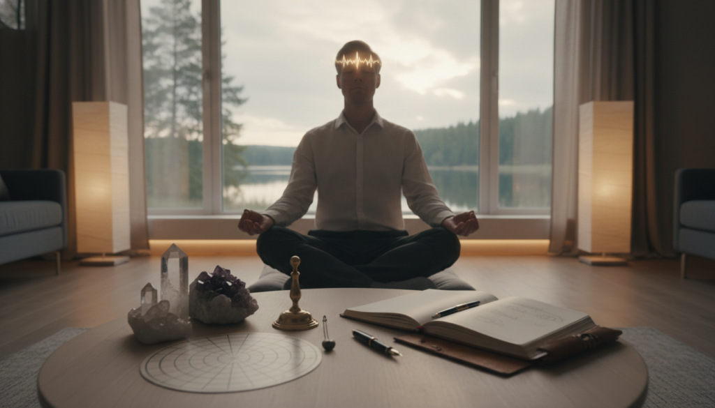 A serene and focused scene illustrating remote viewing techniques. In the foreground, a professional wearing smart casual attire sits cross-legged on a comfortable mat, eyes closed in deep concentration, with subtle hints of energy waves emanating from their head. The middle ground features an array of essential tools for remote viewing—crystals, a pendulum, and a journal—arranged harmoniously on a low table. In the background, a tranquil space bathed in soft, ambient light creates an inviting atmosphere, with large windows showing a calming natural landscape outside. The overall mood is one of introspection and enlightenment, capturing the essence of remote viewing as a peaceful practice. A serene and focused scene illustrating remote viewing techniques. In the foreground, a professional wearing smart casual attire sits cross-legged on a comfortable mat, eyes closed in deep concentration, with subtle hints of energy waves emanating from their head. The middle ground features an array of essential tools for remote viewing—crystals, a pendulum, and a journal—arranged harmoniously on a low table. In the background, a tranquil space bathed in soft, ambient light creates an inviting atmosphere, with large windows showing a calming natural landscape outside. The overall mood is one of introspection and enlightenment, capturing the essence of remote viewing as a peaceful practice.