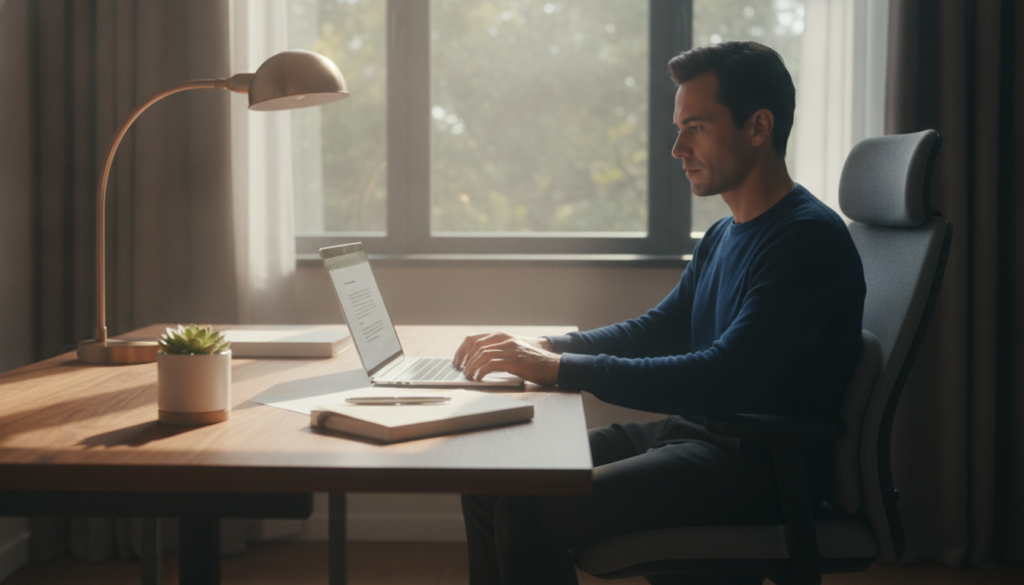 A serene and optimized workspace designed for deep focus, featuring a clean desk with minimal clutter. In the foreground, a sleek wooden desk is adorned with a modern laptop, a small, stylish potted plant, and a notepad with a pen. The middle ground showcases an ergonomic chair and soft, ambient lighting emanating from a desk lamp with a warm glow, creating a cozy atmosphere. In the background, a large window lets in natural sunlight, illuminating the room with a soft shine and providing a glimpse of green trees outside. The overall mood is calm and inviting, emphasizing productivity and concentration, with a color palette of soft earth tones and calming blues. A professional individual in smart casual attire sits at the desk, focused on their work.