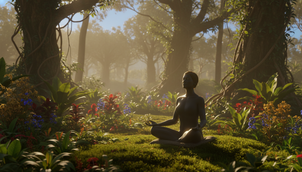 A serene and tranquil scene depicting a human silhouette meditating in a lush, green forest, surrounded by gentle rays of sunlight filtering through the leaves. The foreground features the silhouette, representing deep ketosis and metabolic reset, sitting cross-legged on a soft patch of moss, eyes closed, emanating an aura of calm energy. In the middle ground, vibrant, leafy plants and colorful wildflowers symbolize the flourishing state of the body’s metabolism. The background consists of tall trees, their trunks wrapped in vines, and a clear blue sky peeking through the canopy, illustrating a sense of rejuvenation. The light is warm and soft, creating an atmosphere of peace and tranquility, evoking balance and renewal. The overall mood is harmonious and uplifting, emphasizing health and vitality.