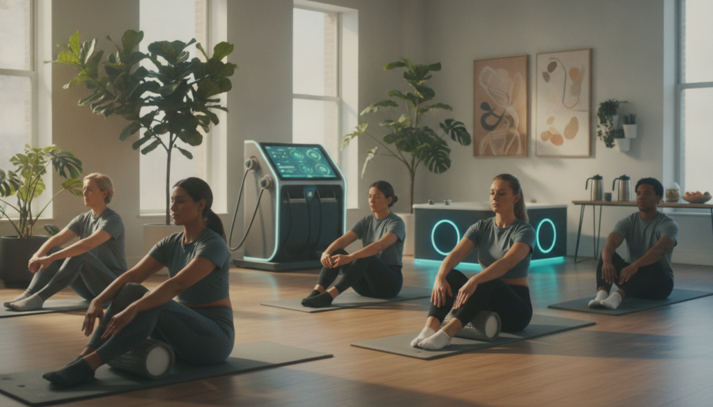 A serene fitness studio with a soft, natural light filtering through large windows, creating a warm, inviting atmosphere. In the foreground, a group of diverse individuals dressed in professional athletic wear engage in gentle stretching and recovery techniques, embodying the concept of optimization. The middle ground features a modern fitness machine optimized for recovery, with visual indicators of performance metrics glowing softly. In the background, potted plants and calming artwork enhance the peaceful environment. The overall mood is one of tranquility and focus, illustrating the idea of performance through efficient recovery rather than intense exertion. The angle captures the harmonious interaction between people and their surroundings, emphasizing community and well-being. A serene fitness studio with a soft, natural light filtering through large windows, creating a warm, inviting atmosphere. In the foreground, a group of diverse individuals dressed in professional athletic wear engage in gentle stretching and recovery techniques, embodying the concept of optimization. The middle ground features a modern fitness machine optimized for recovery, with visual indicators of performance metrics glowing softly. In the background, potted plants and calming artwork enhance the peaceful environment. The overall mood is one of tranquility and focus, illustrating the idea of performance through efficient recovery rather than intense exertion. The angle captures the harmonious interaction between people and their surroundings, emphasizing community and well-being.